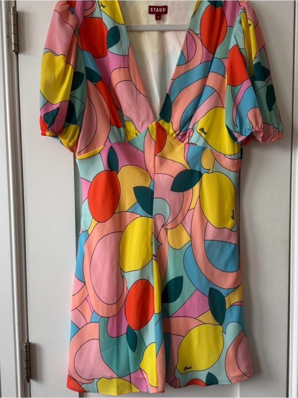 STAUD Pink Multicolor Fruit-Print V-Neck Mini Dress